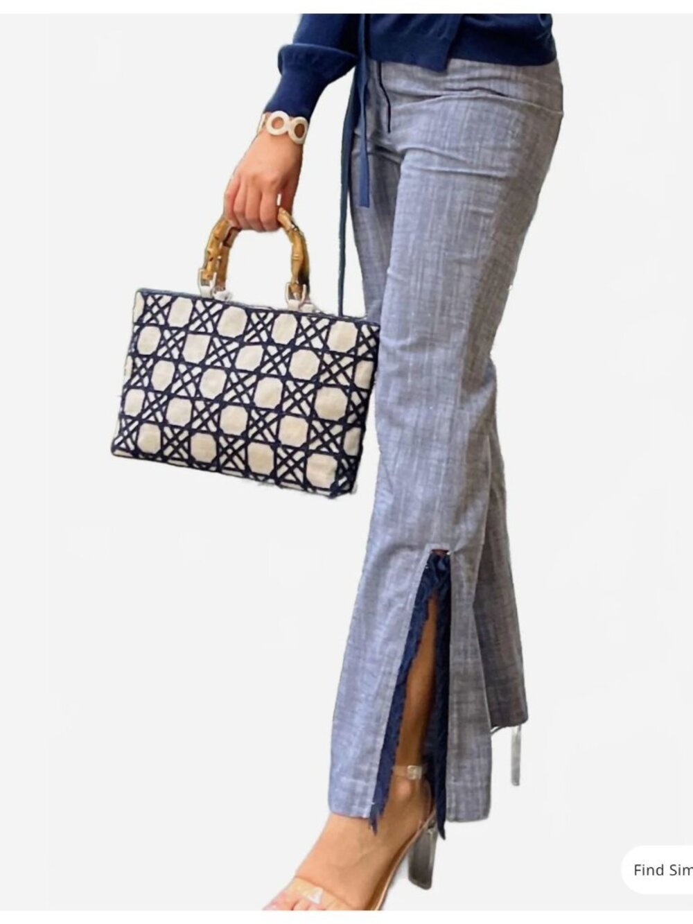 Coco Indigo Steffi Fringe Split Pants Wide Leg Fringe Detail Chambray Blue XS